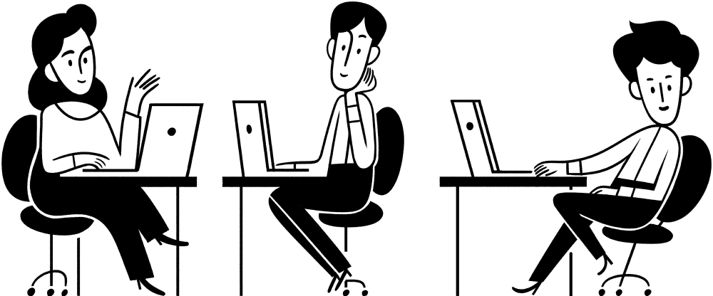 Una ilustración de varias personas trabajando en computadoras en sus escritorios