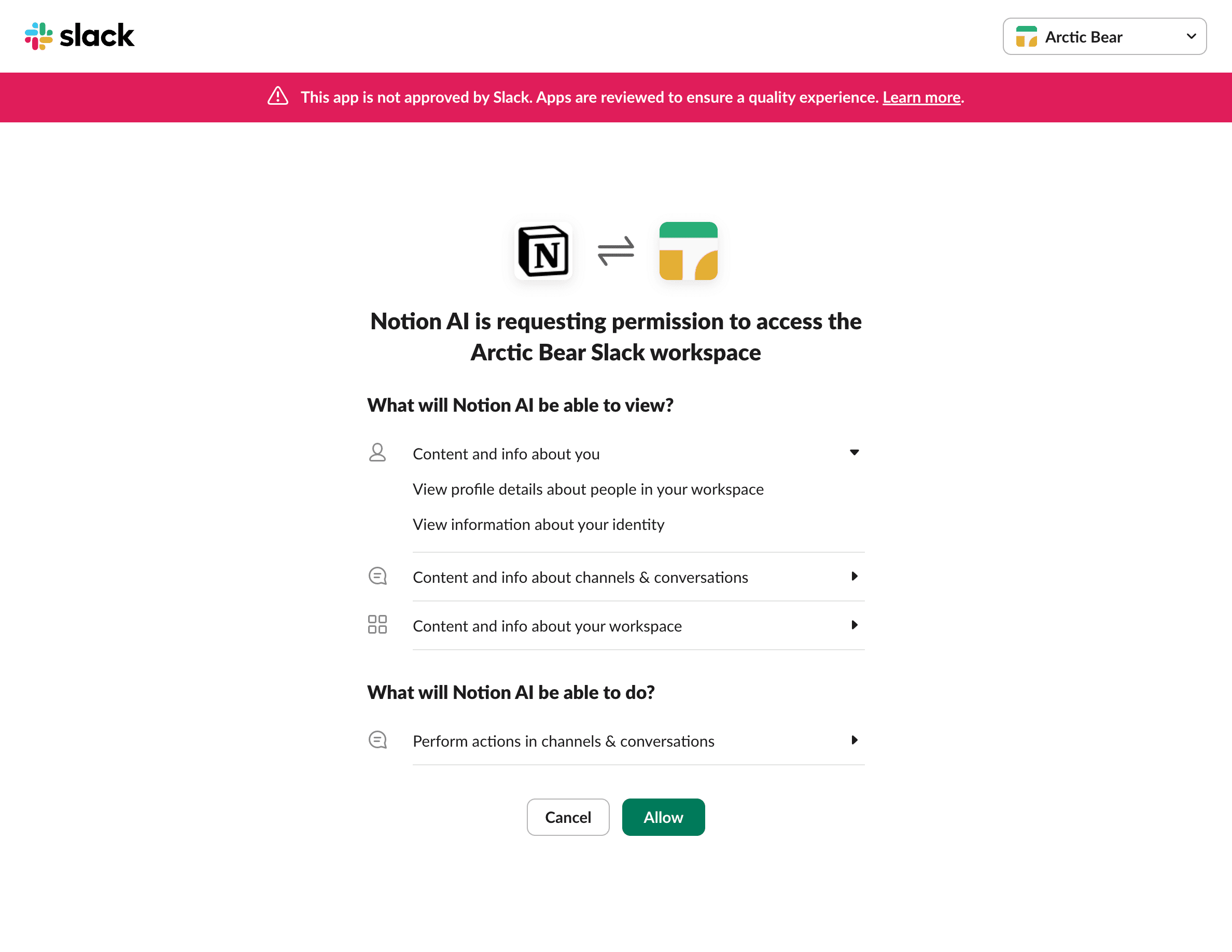 hc: notion ai connector set up in slack
