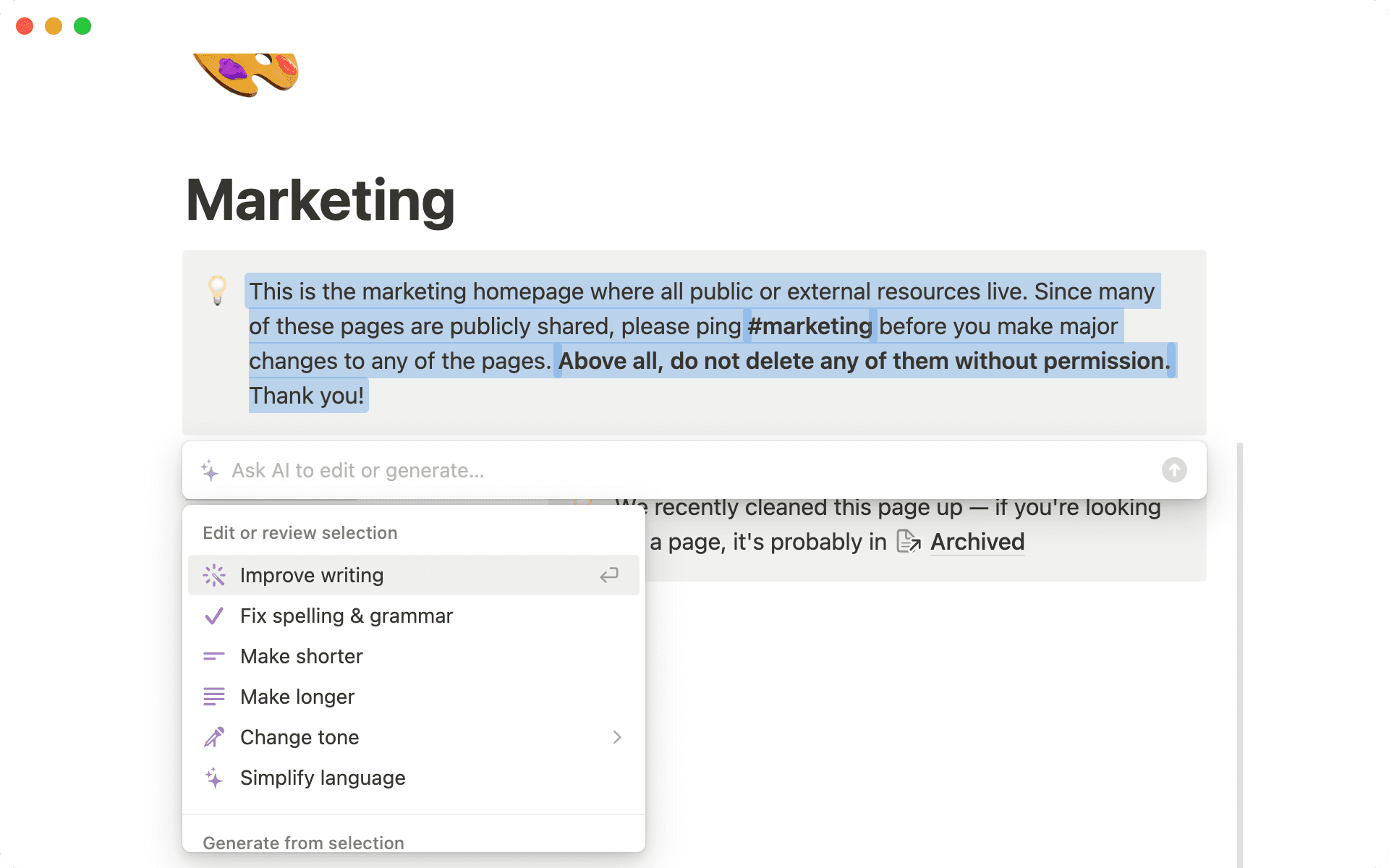When you select a block of text, we prioritize editing tools and let you compare 'before' and 'after' copy to decide which version to use.
