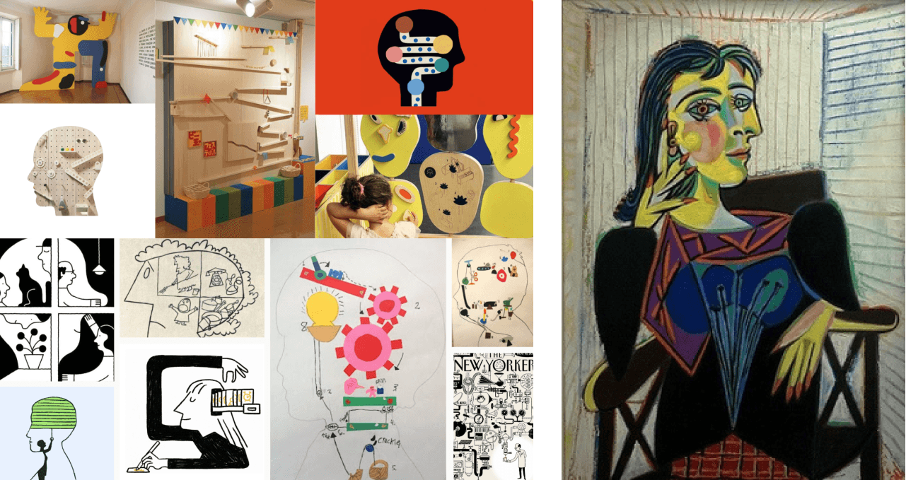 Left: We wanted to show thinking and knowledge—your brain hard at work. Right: Portrait of Dora Maar by Pablo Picasso.