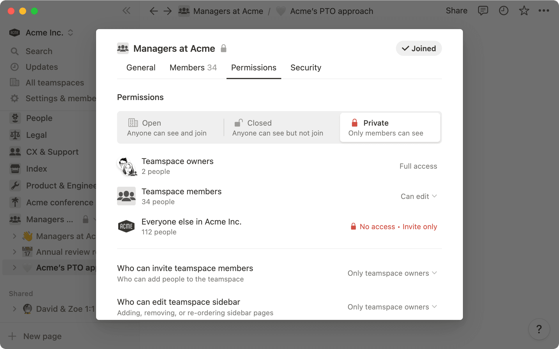 Use teamspace permissions to determine who can access content within a teamspace.