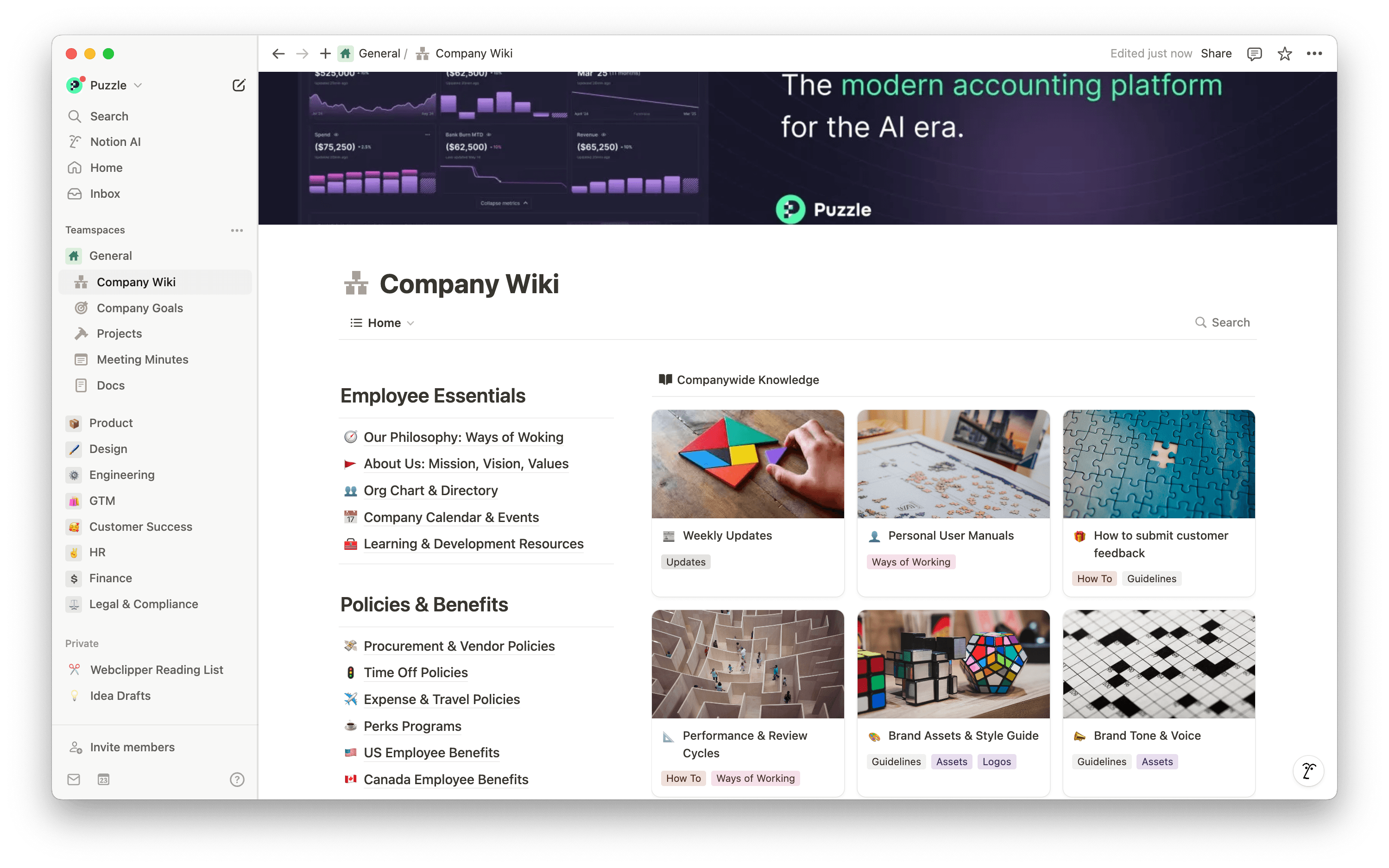 La fuente central de Puzzle para todo el conocimiento de la empresa: fácil de actualizar y encontrar y perfectamente conectada con todo nuestro trabajo.